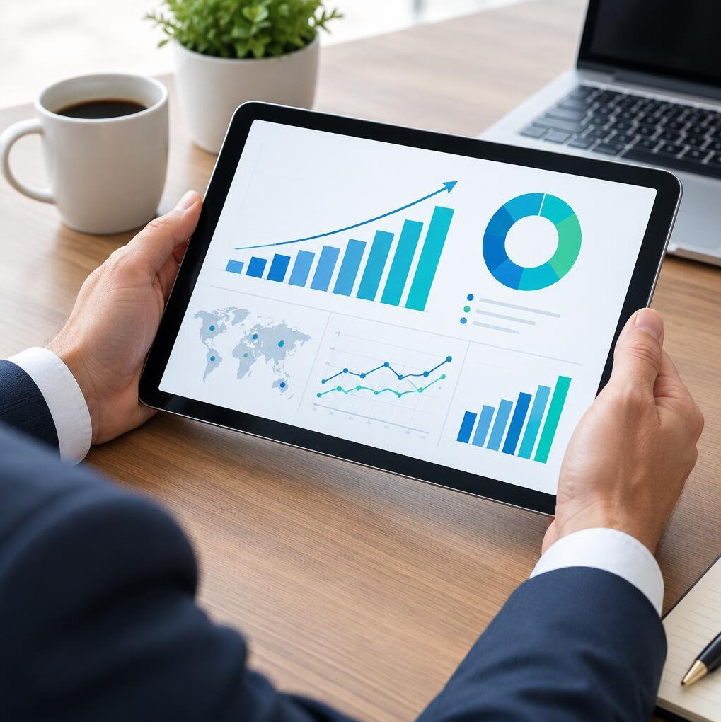 Business professional analyzing growth charts on a tablet
