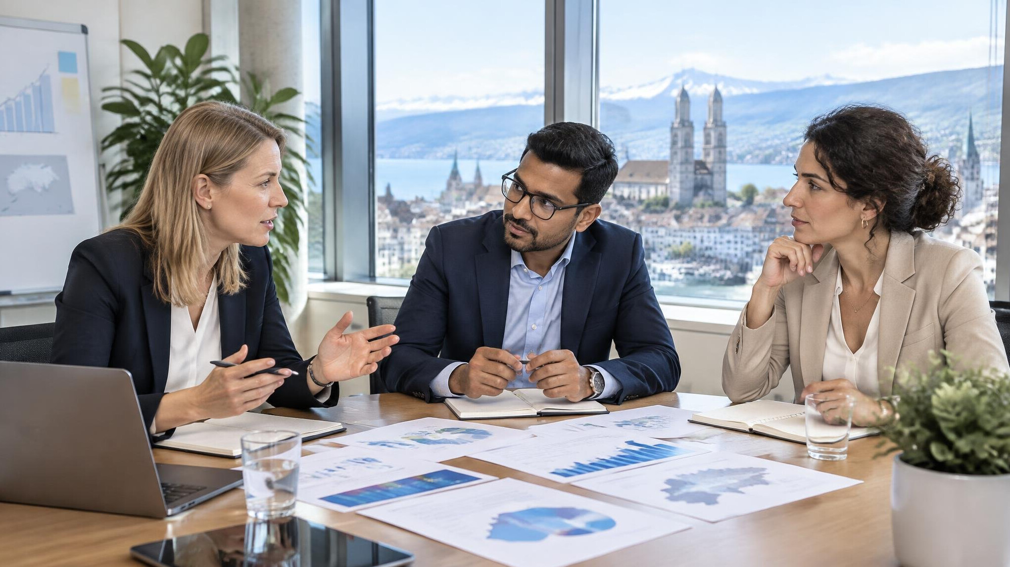Diverse business professionals discussing a strategy plan in a modern Swiss office