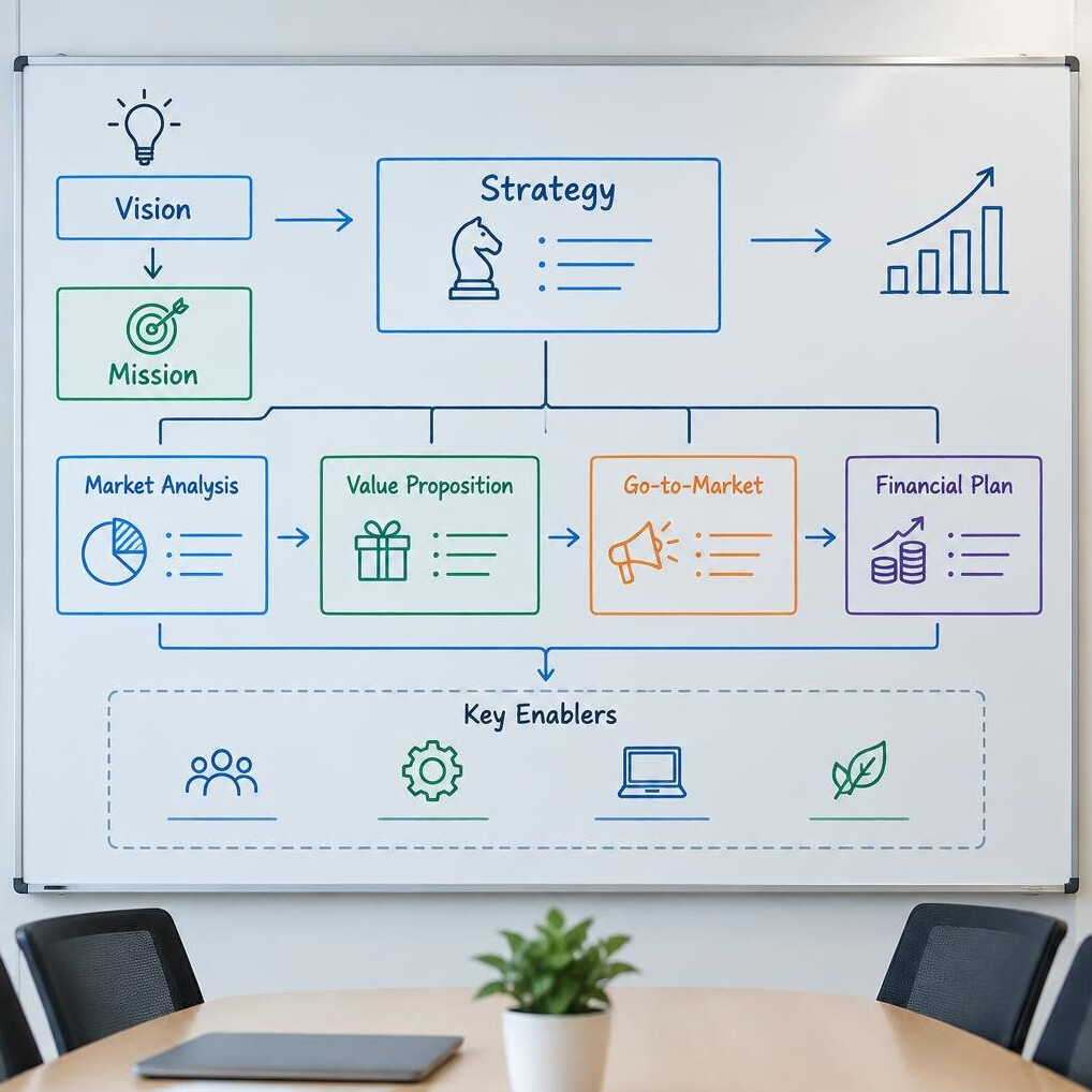 Meeting room whiteboard filled with strategy diagrams