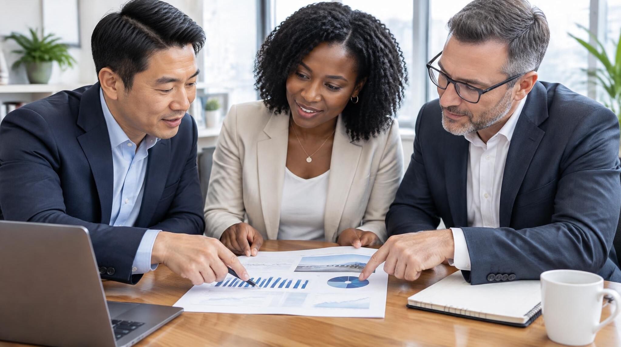 Diverse team reviewing a business plan document at a table