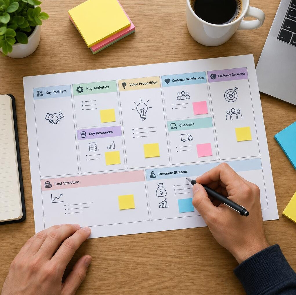 Close-up of hands annotating a strategic planning canvas on paper