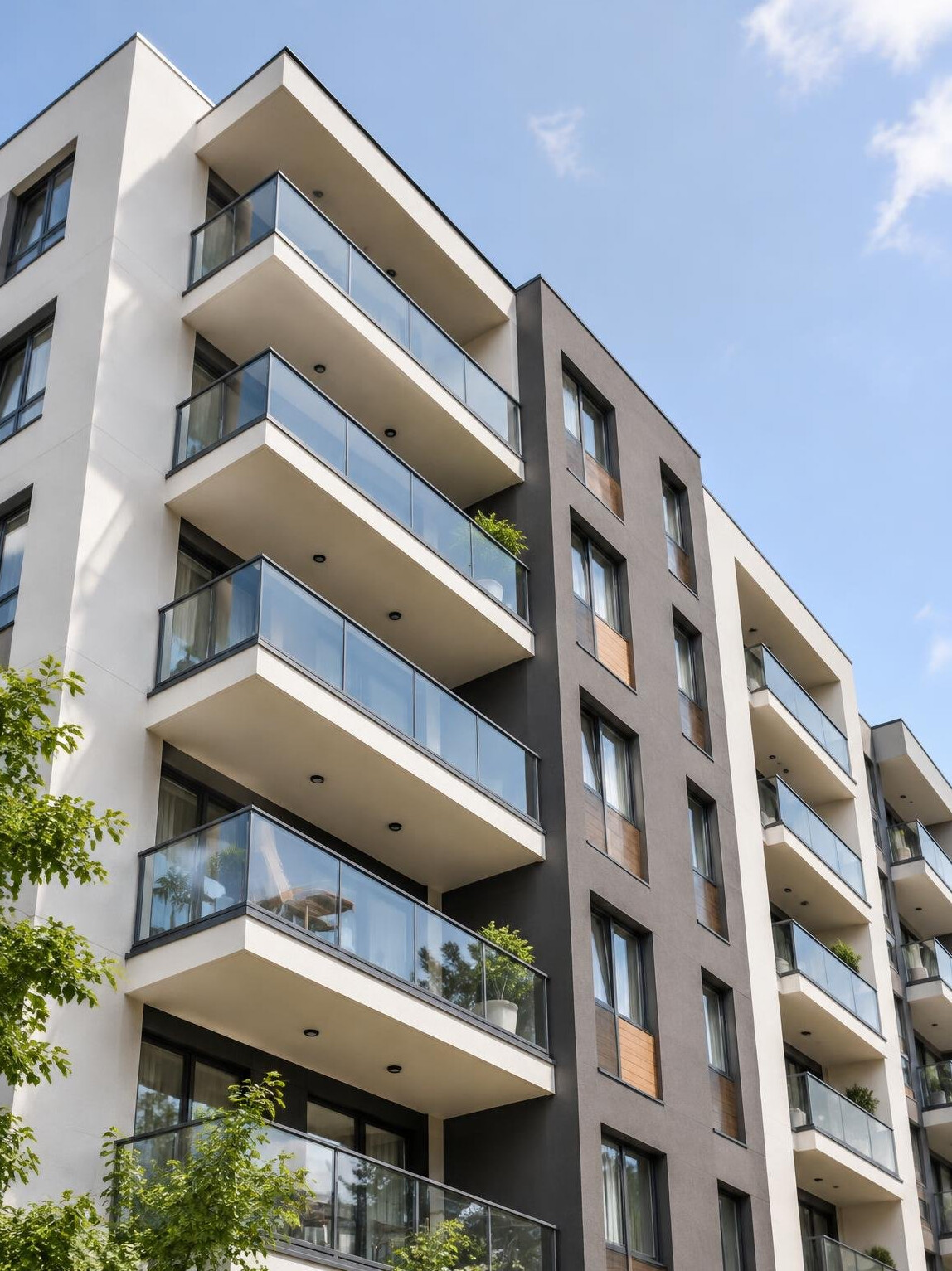 Facade of a modern residential building seen from below