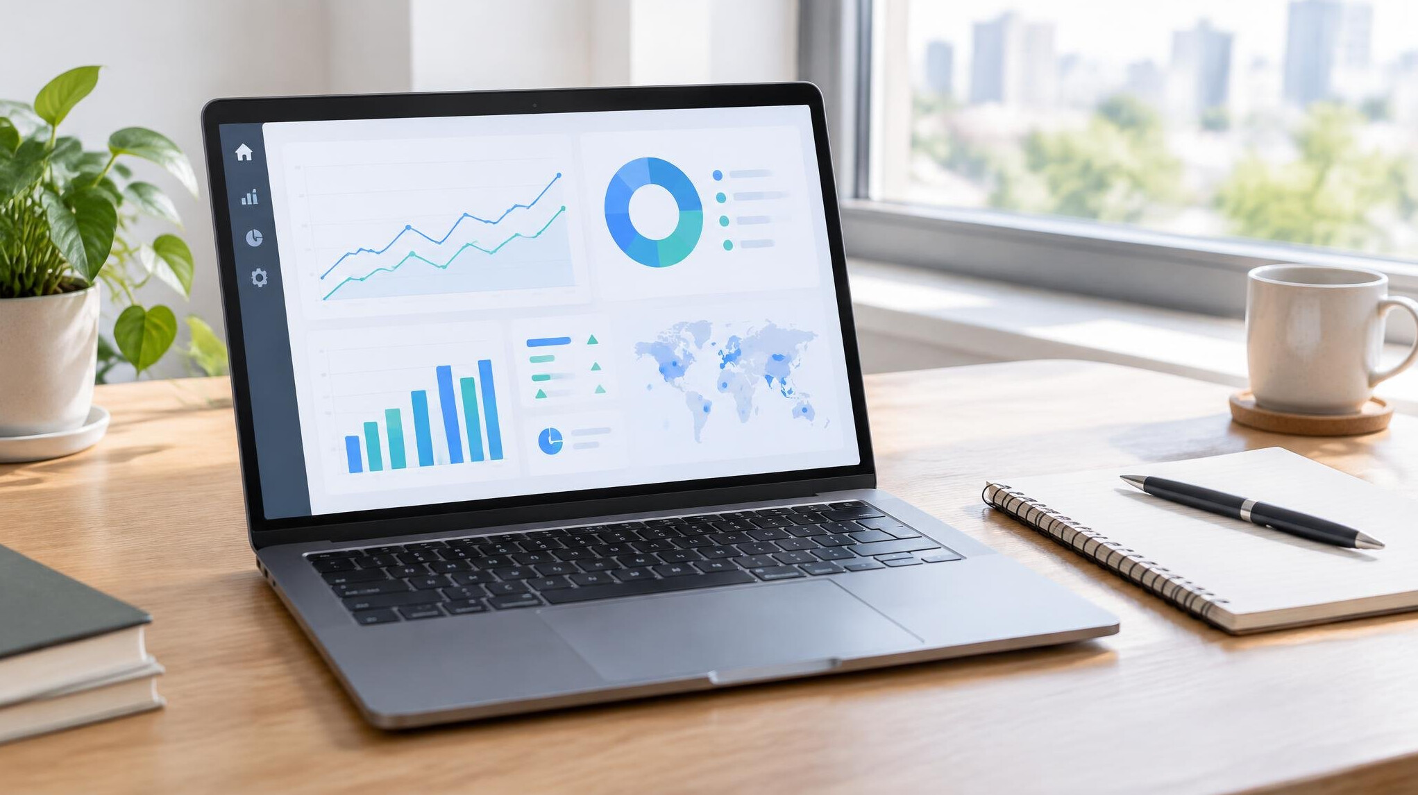 Laptop on a desk showing analytics charts