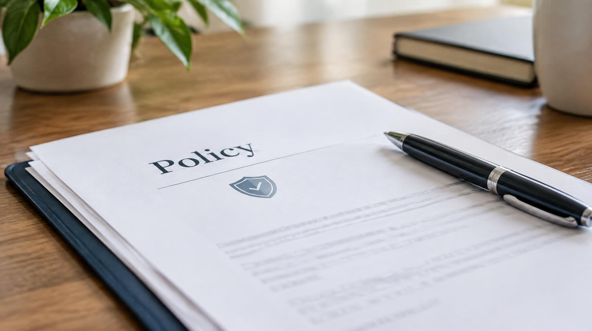 Insurance policy documents on a desk with a pen