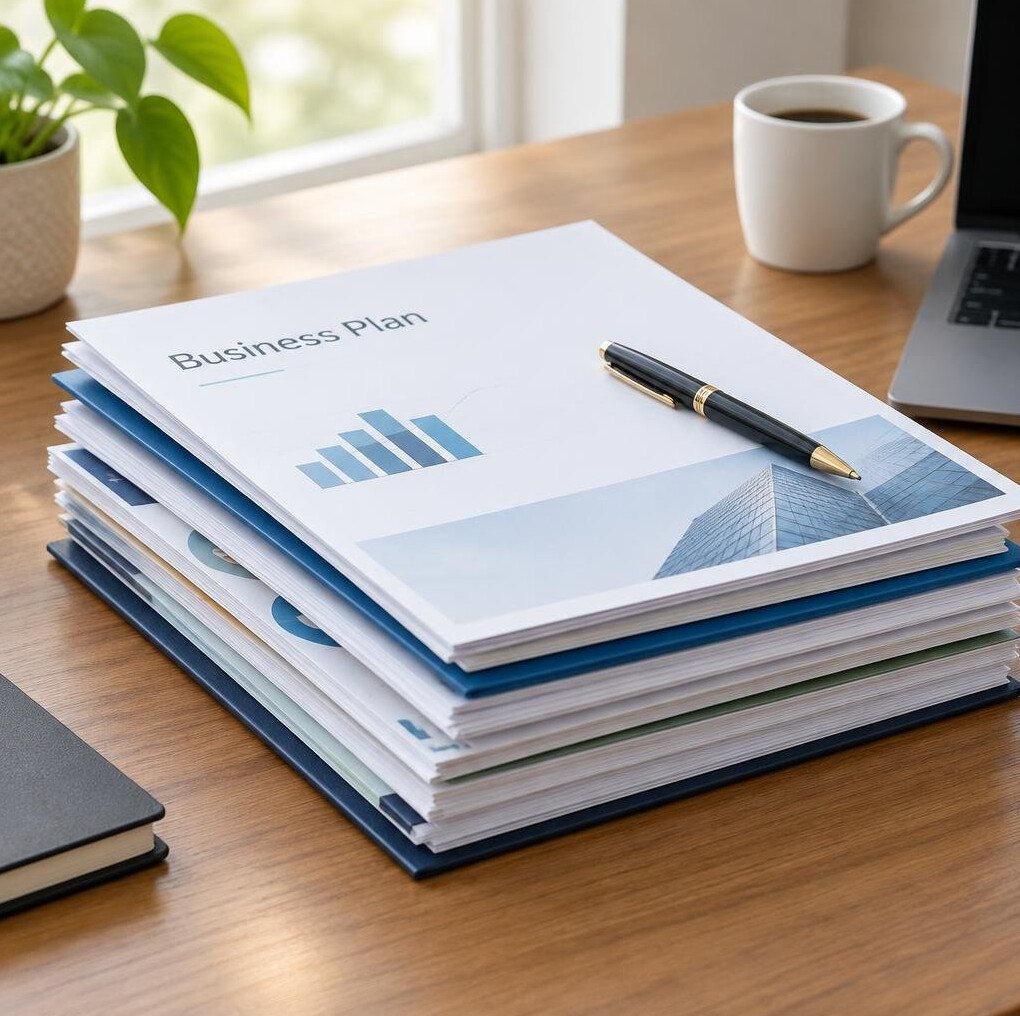 Stack of business planning documents and a pen on a desk