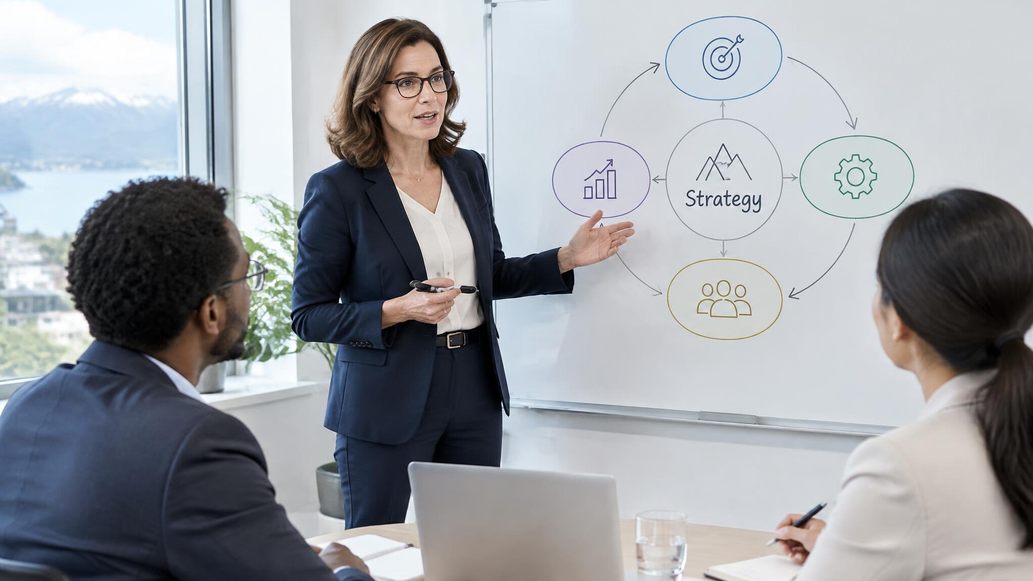 Businesswoman presenting a strategic framework on a whiteboard to colleagues